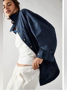 Free People Navy Button-Up Oversized Blouse